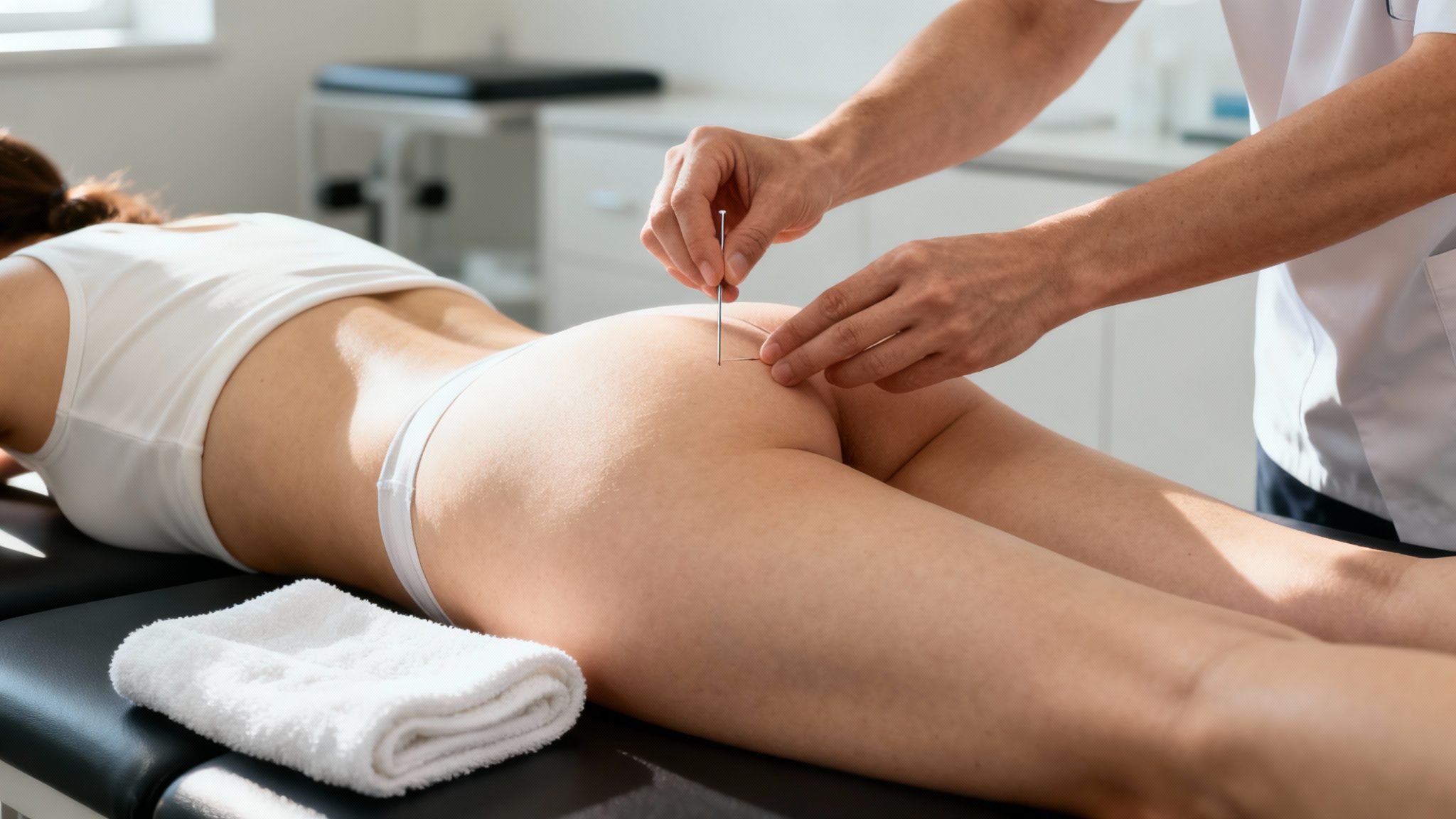 Manos de terapeuta aplicando punción seca o acupuntura en el glúteo de un paciente recostado.