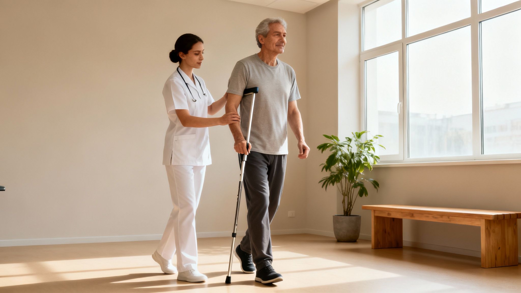 Enfermera ayuda a un hombre mayor con muletas durante la fisioterapia de rehabilitación.