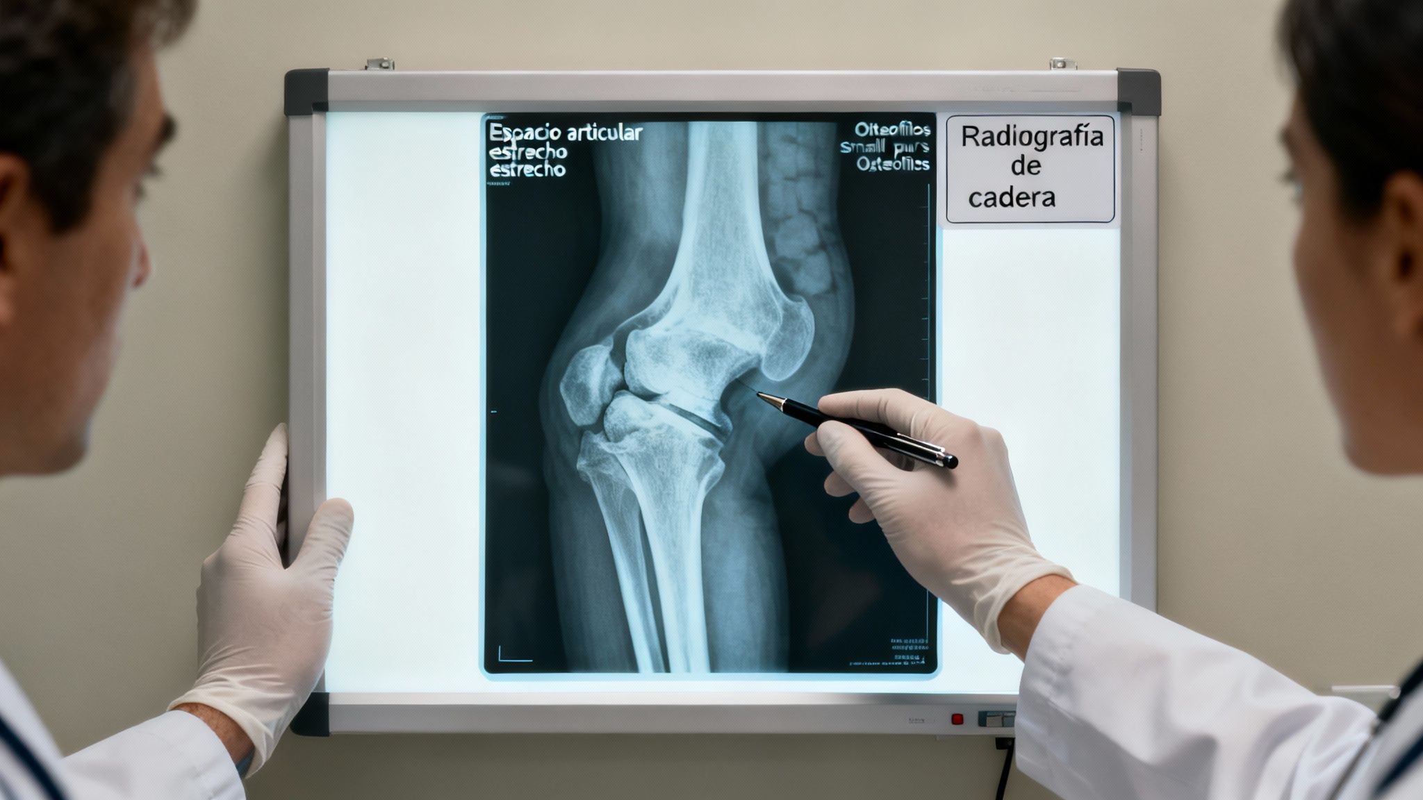 Dos profesionales médicos examinan una radiografía de rodilla en un negatoscopio, discutiendo hallazgos de estrechamiento articular.