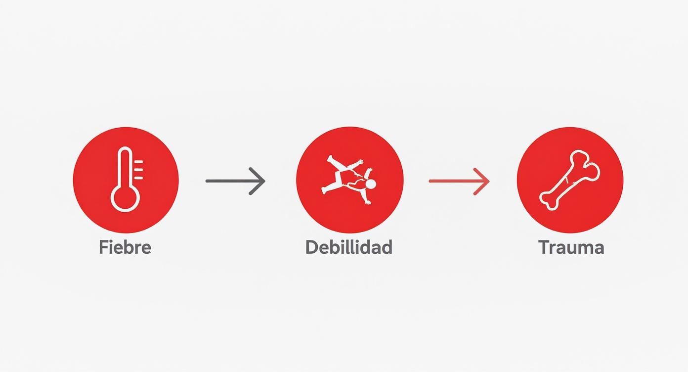 Diagrama de flujo que muestra la progresión de síntomas: fiebre, debilidad y trauma, con flechas indicando secuencia.