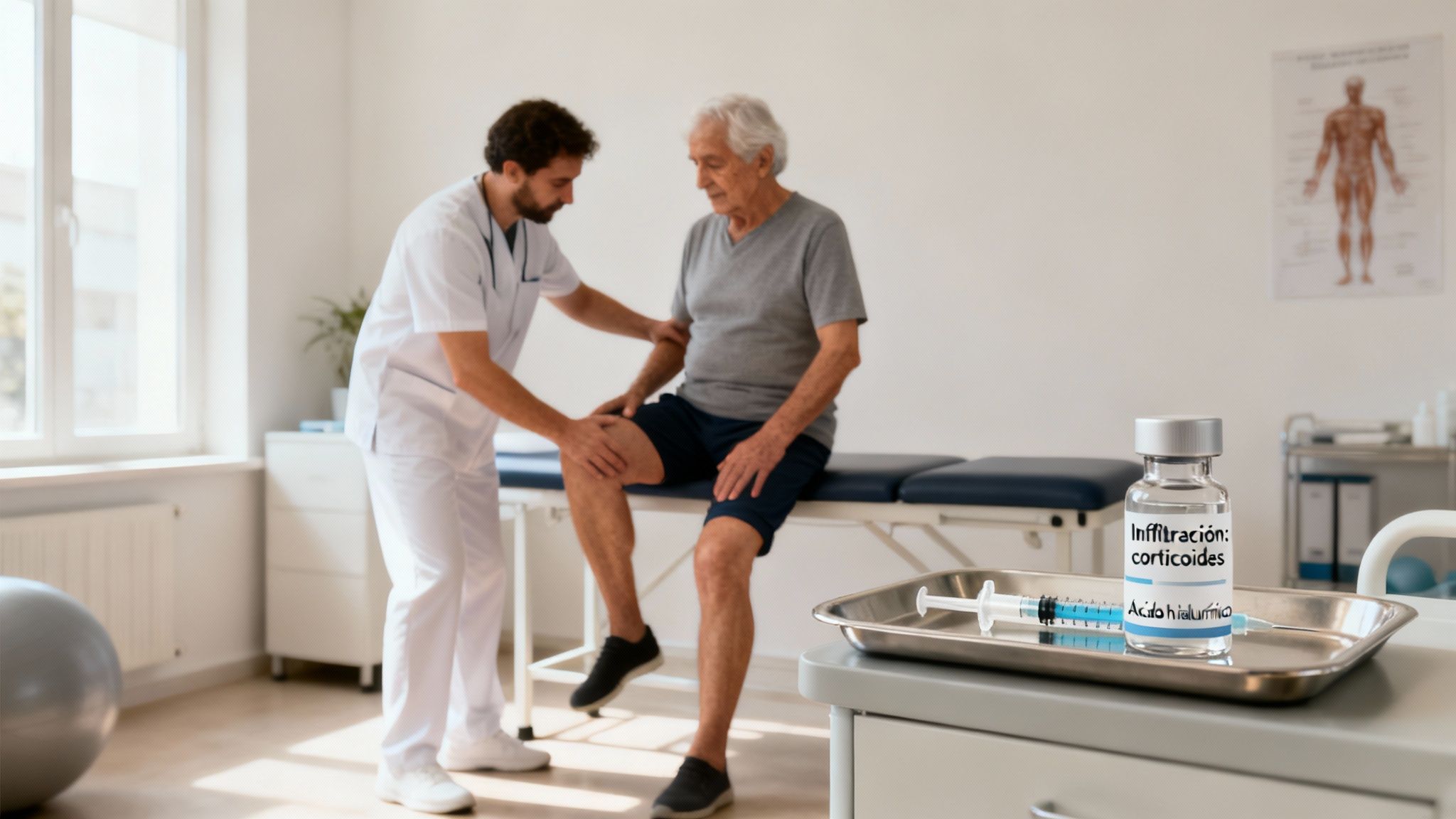 Médico examina la rodilla de un paciente mayor, con viales de corticoides y ácido hialurónico para infiltración.