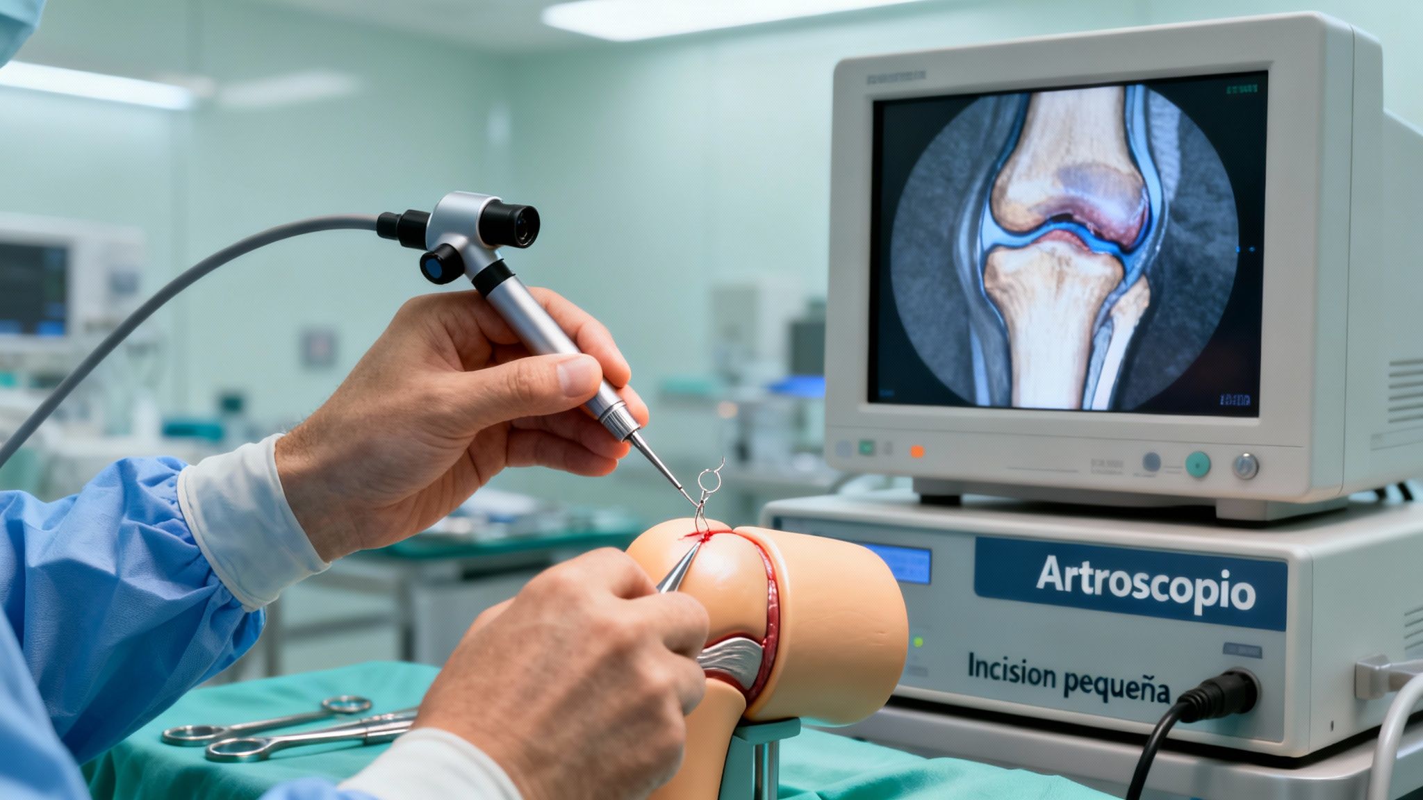 Cirujano practicando artroscopia de rodilla en un modelo con monitor mostrando anatomía de la articulación.