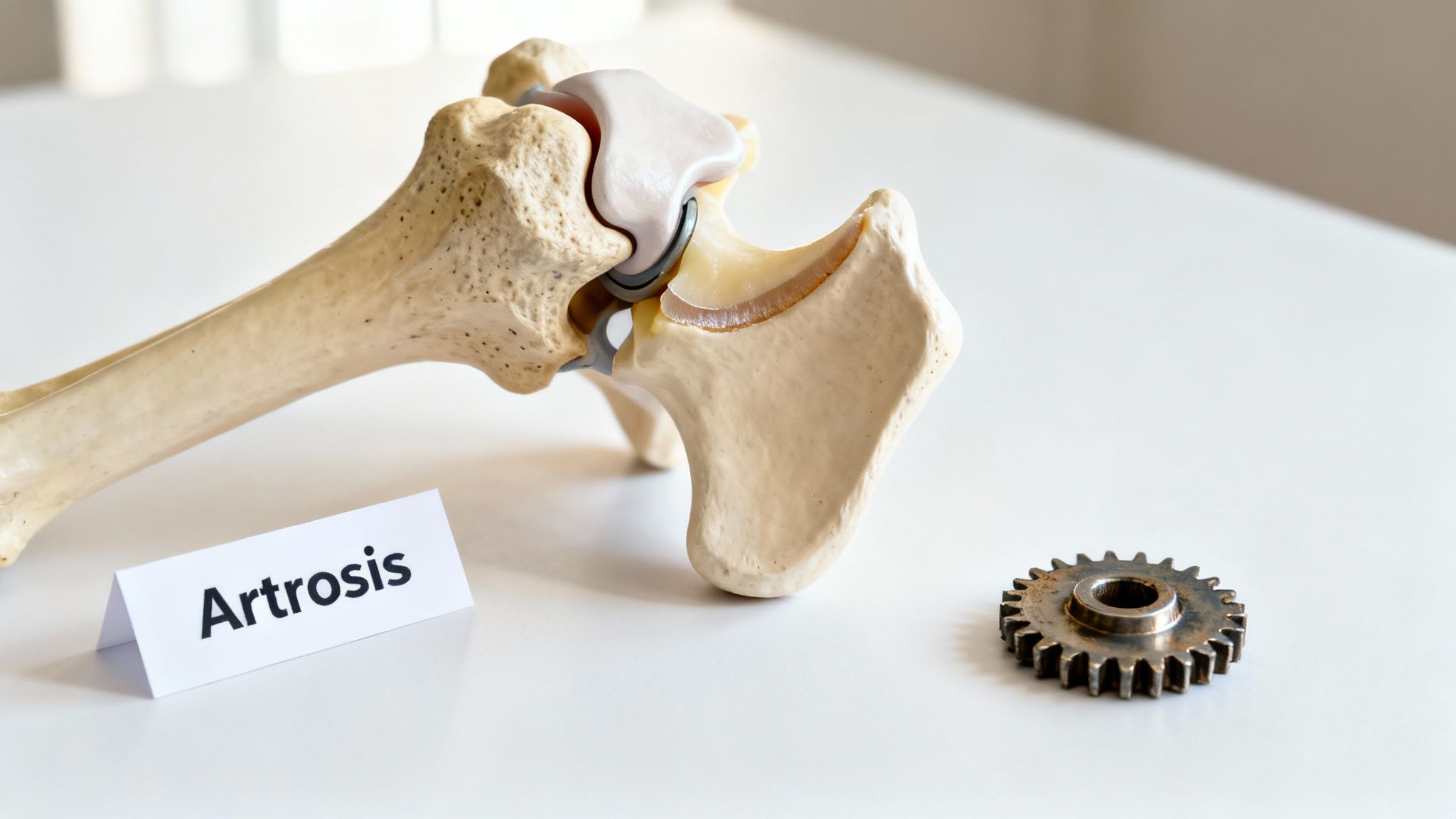 Modelo anatómico de una articulación de cadera, un cartel con la palabra 'Artrosis' y un engranaje metálico sobre una mesa blanca.