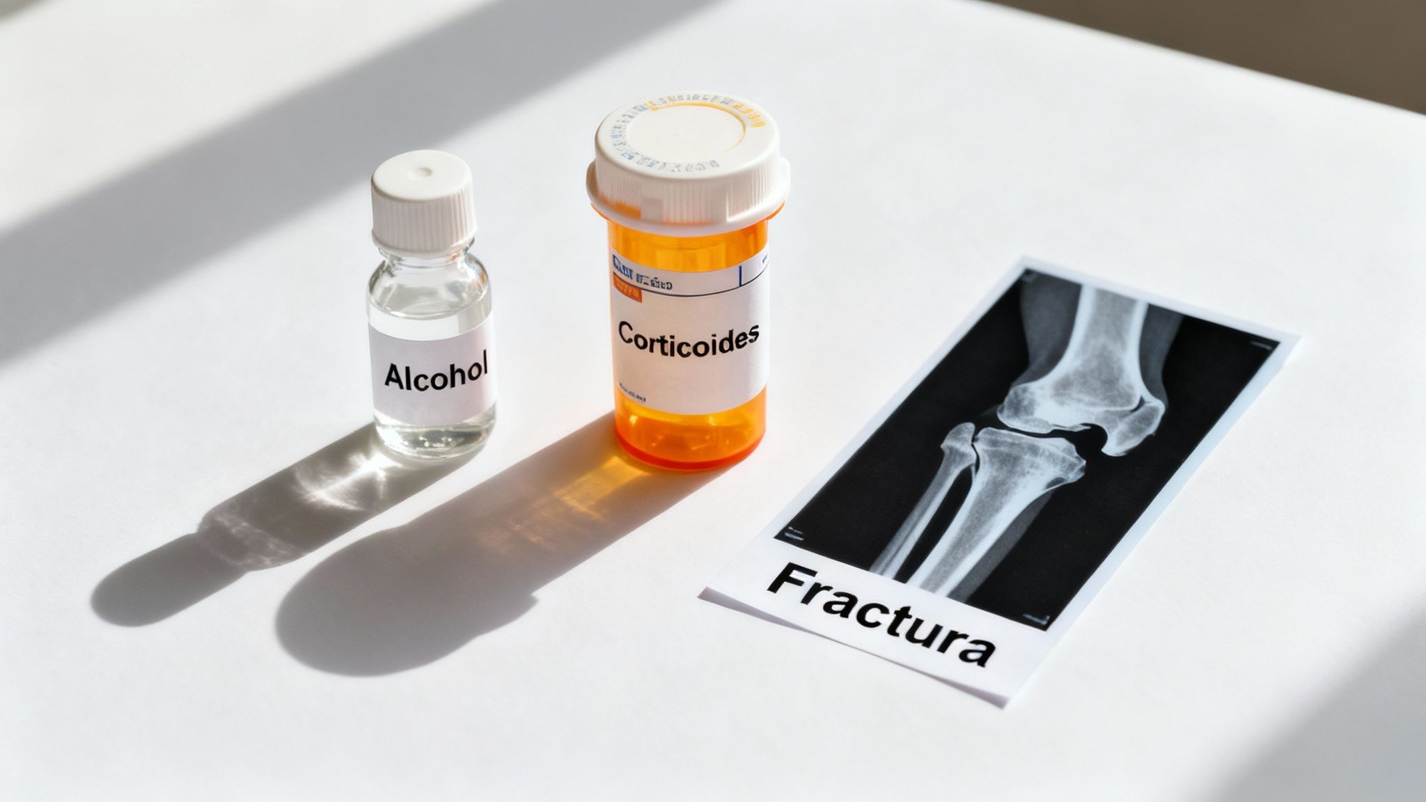 Botella de alcohol, pastillas de corticoides y radiografía de fractura de rodilla sobre fondo blanco.