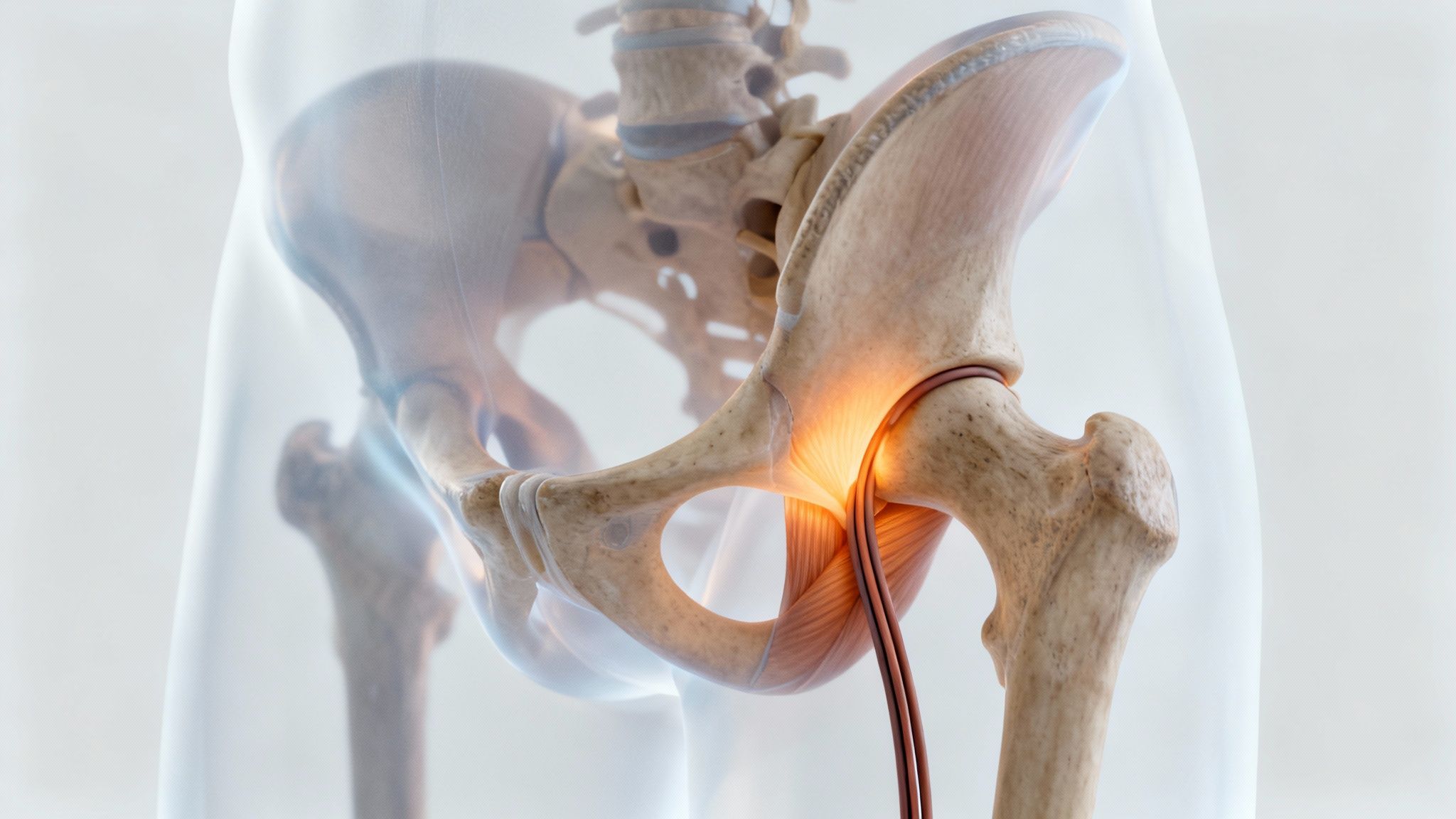 Anatomía 3D del síndrome piramidal mostrando la irritación del nervio ciático en la cadera.