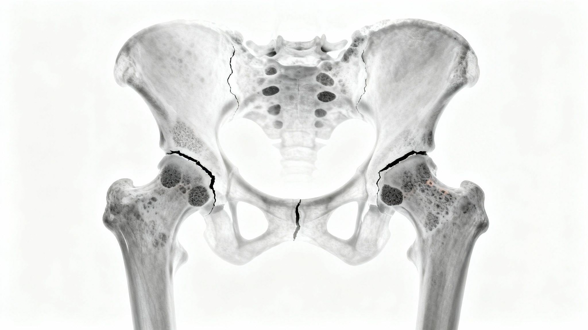Radiografía de una pelvis humana mostrando múltiples fracturas óseas, indicando posibles causas de dolor de cadera.