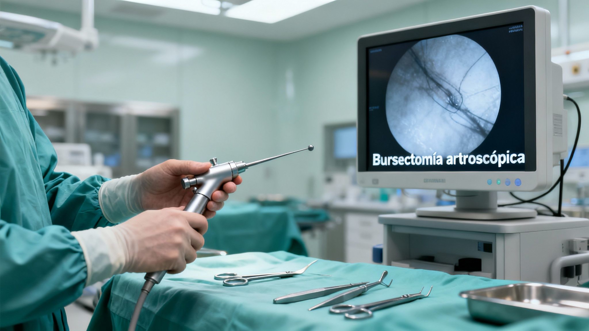 Cirujano realiza una bursectomía artroscópica, mostrando instrumentos y monitor con vista interna de la cirugía.