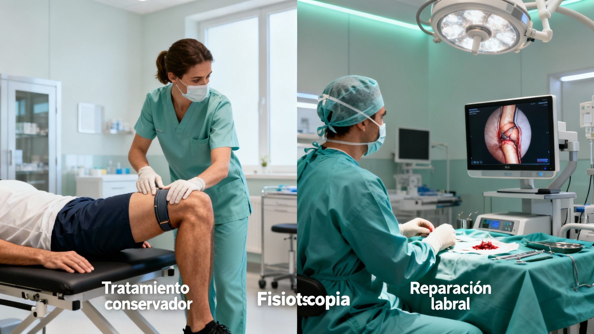 Imagen que compara el tratamiento conservador de rodilla con la reparación labral quirúrgica.