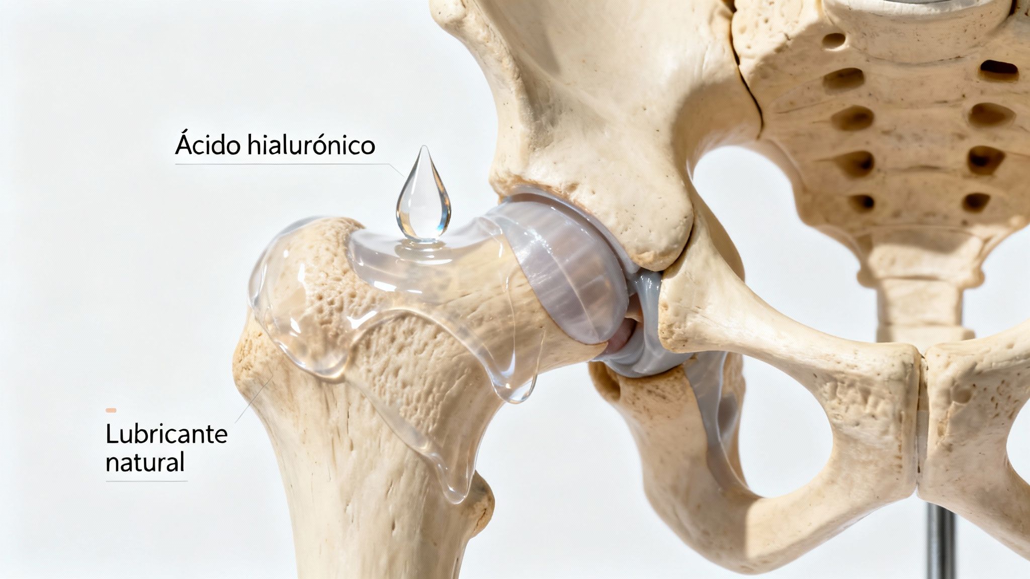 Modelo de articulación de cadera mostrando el ácido hialurónico como lubricante natural para la movilidad.