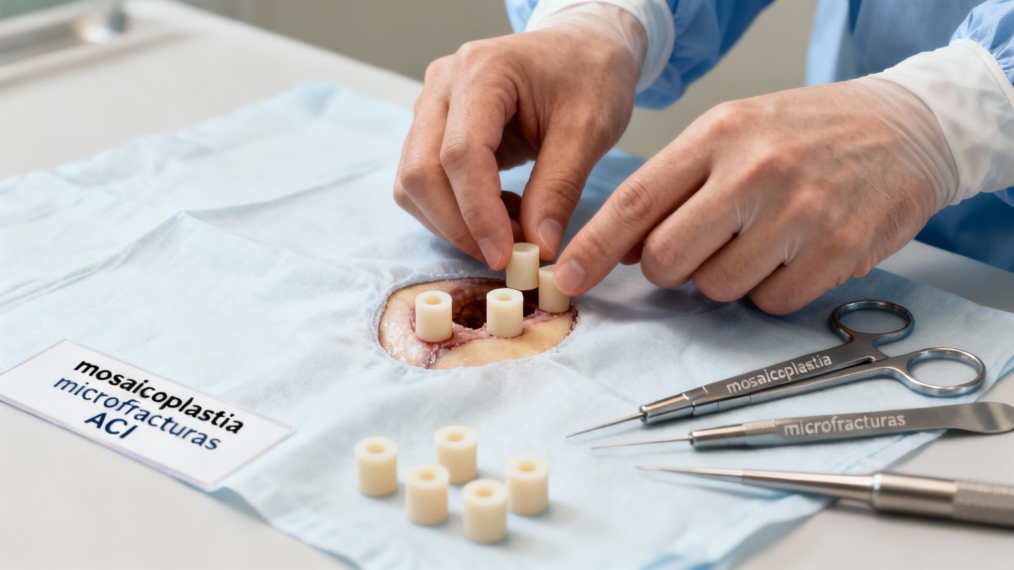 Manos de cirujano realizando un procedimiento de mosaicoplastia con implantes, sobre una superficie quirúrgica con herramientas.