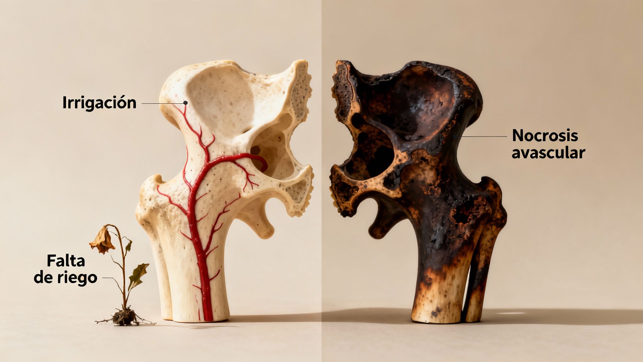 Ilustración de hueso de cadera sano con irrigación sanguínea versus hueso afectado por necrosis avascular por falta de riego.