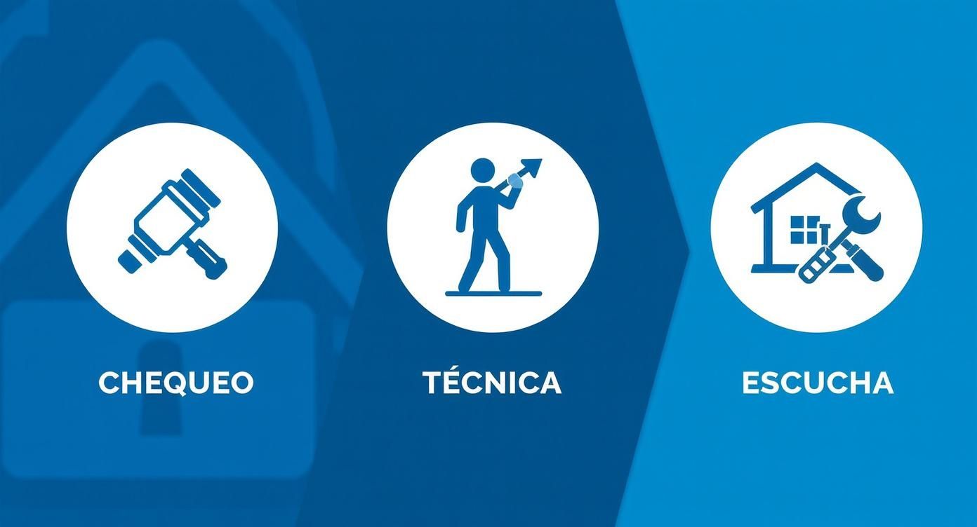 Tres iconos de servicios profesionales: chequeo con martillo, técnica con persona señalando progreso, y escucha con herramientas de reparación