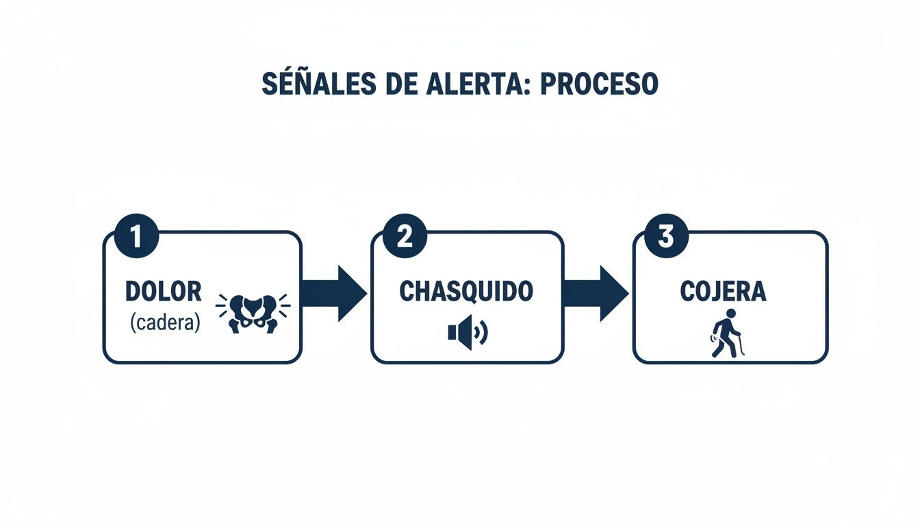 Gráfico de proceso de tres etapas: 1. Dolor (cadera) con icono de pelvis, 2. Chasquido con icono de sonido, 3. Cojera con icono de persona con bastón.