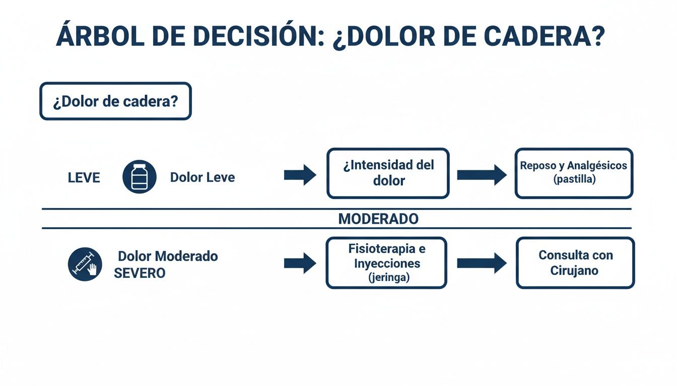 Diagrama de árbol de decisión para el dolor de cadera, categorizando tratamientos según la intensidad del dolor.