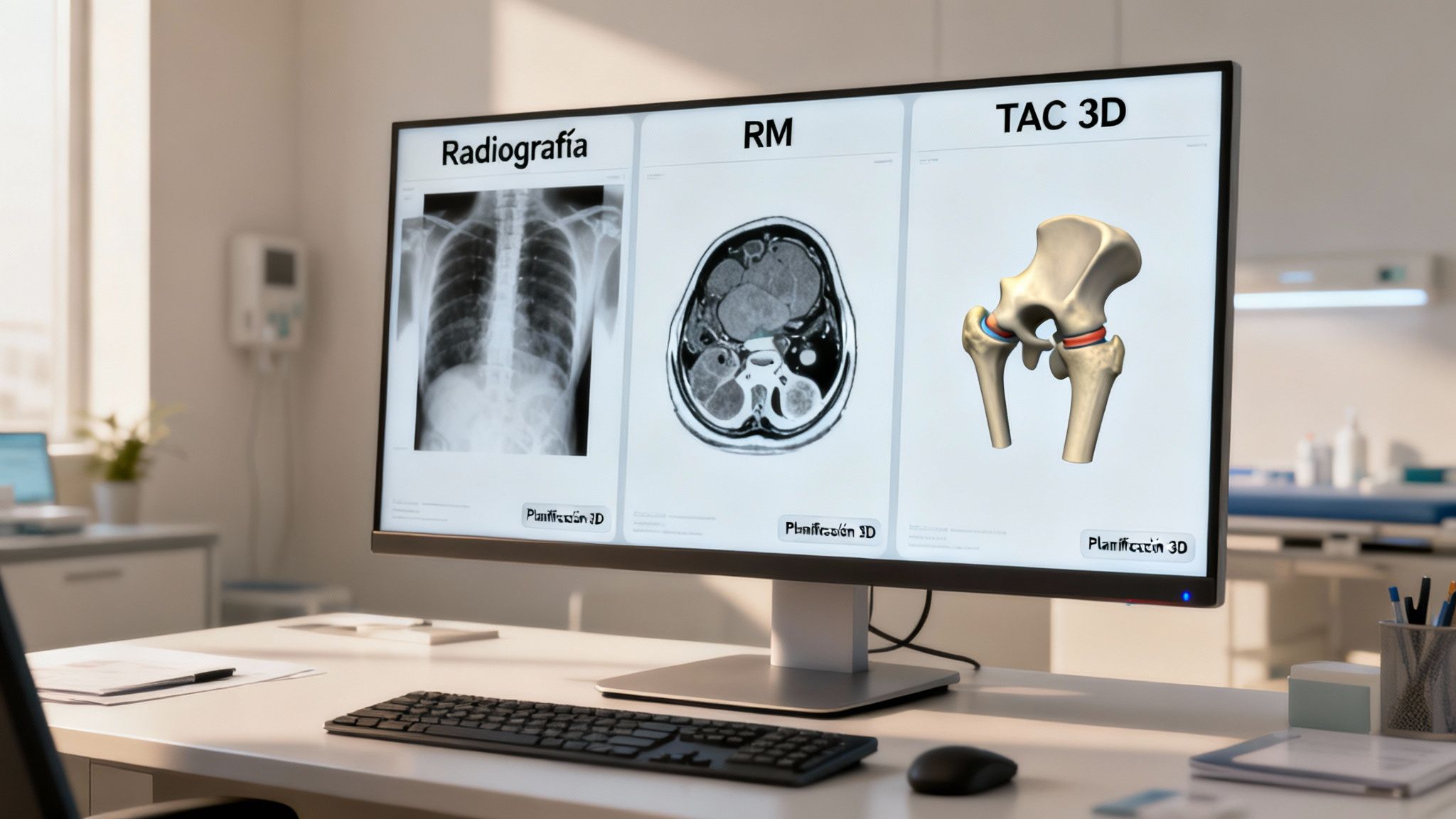 Monitor de computadora en consultorio médico mostrando radiografía, resonancia magnética y modelo 3D de cadera.