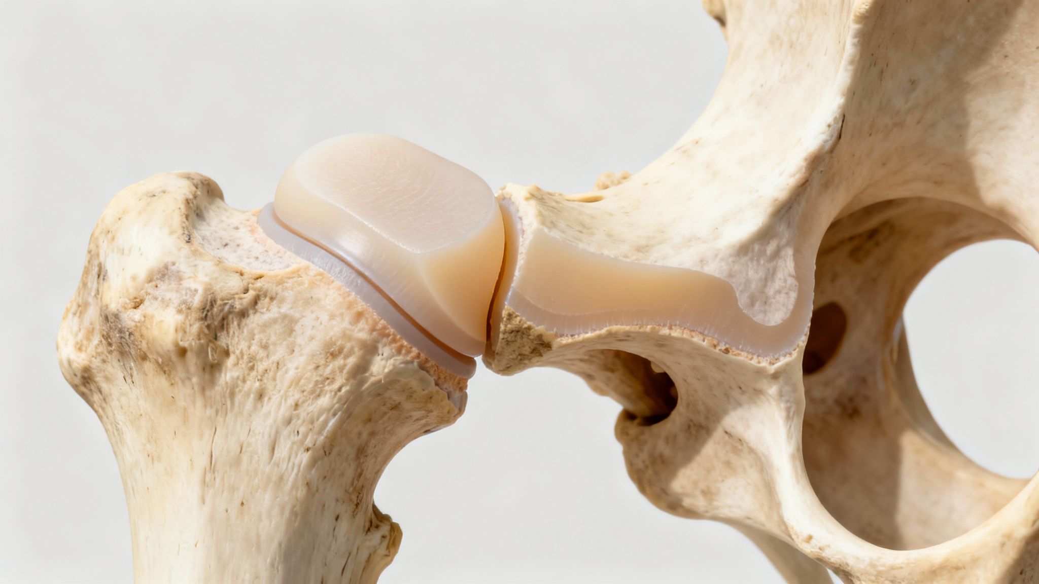 Modelo anatómico de articulación de cadera, mostrando la cabeza del fémur y cartílago artificial.