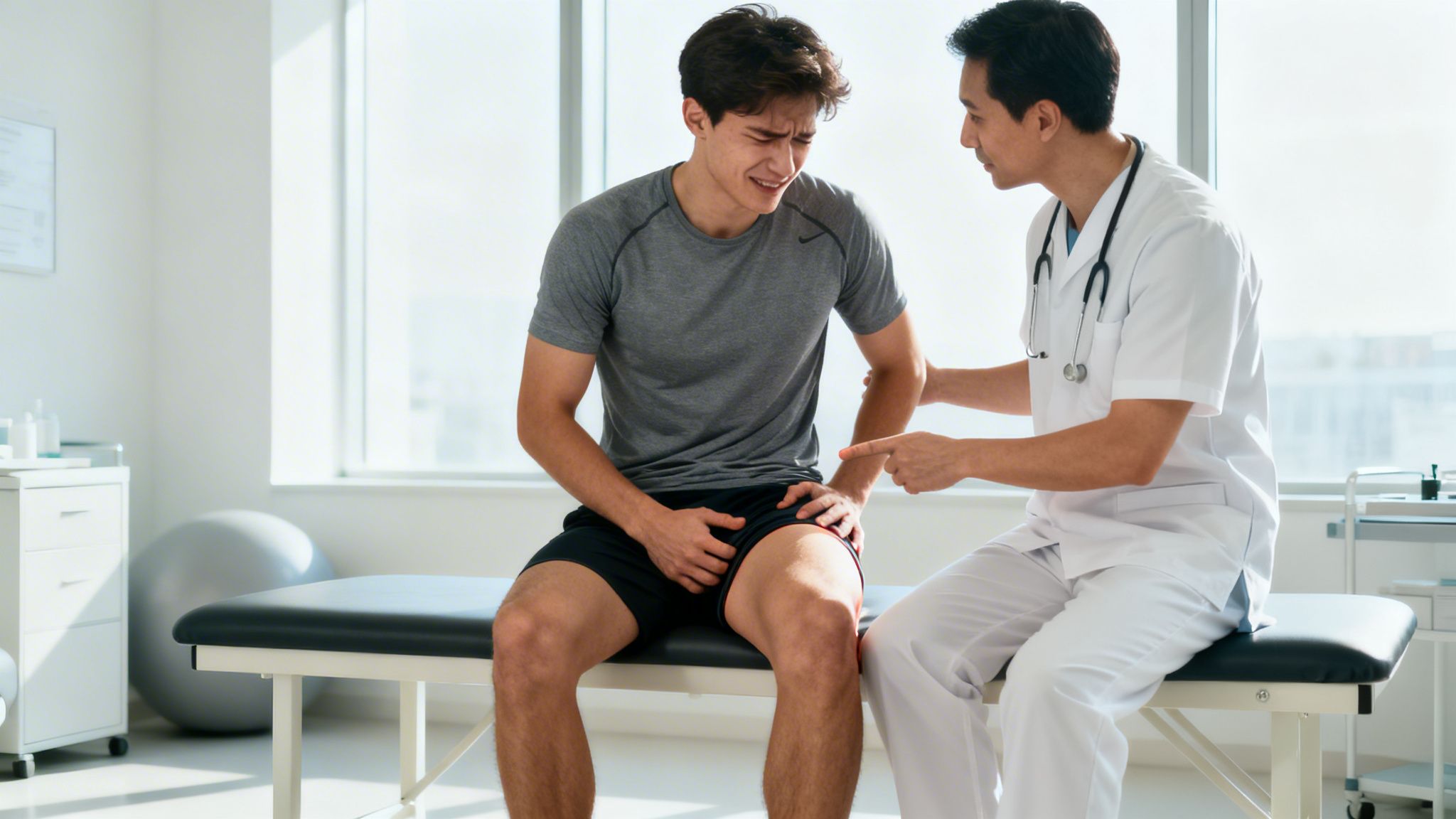 Un médico examina a un joven paciente que muestra dolor en la zona de la cadera o ingle.