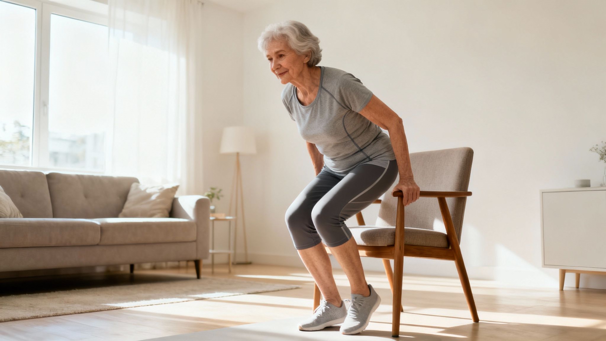 Mujer mayor realizando ejercicio de sentadilla con silla en casa para fortalecer piernas