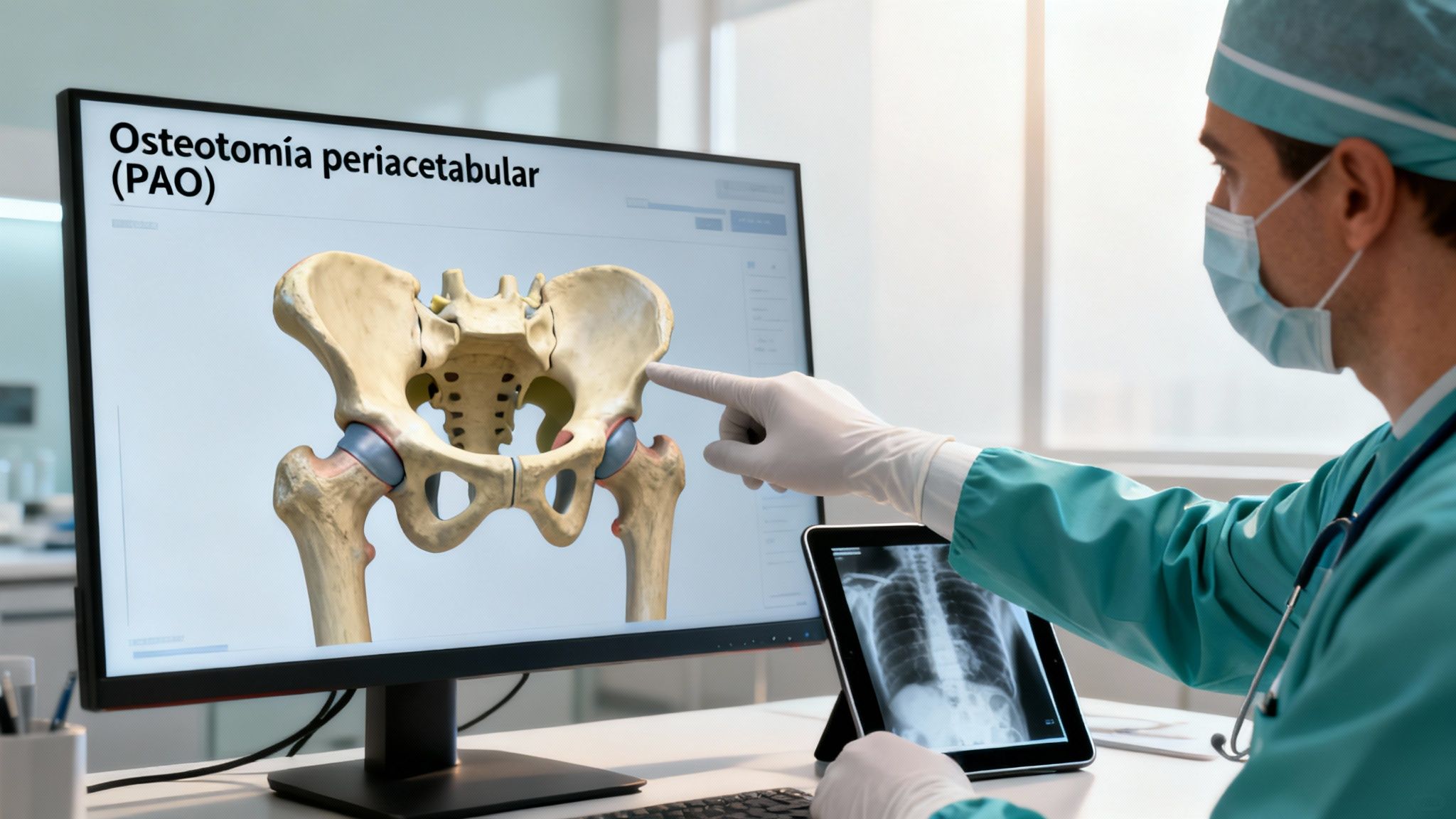 Doctor examinando un modelo 3D de cadera en monitor y radiografía en tablet.