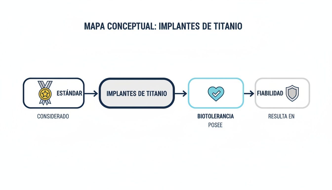 Mapa conceptual que muestra que los implantes de titanio son considerados el estándar, poseen biotolerancia y resultan en fiabilidad.