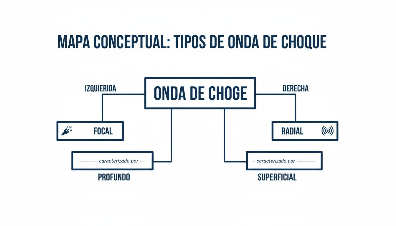 Mapa conceptual que ilustra los tipos de onda de choque: focal (profundo) y radial (superficial).
