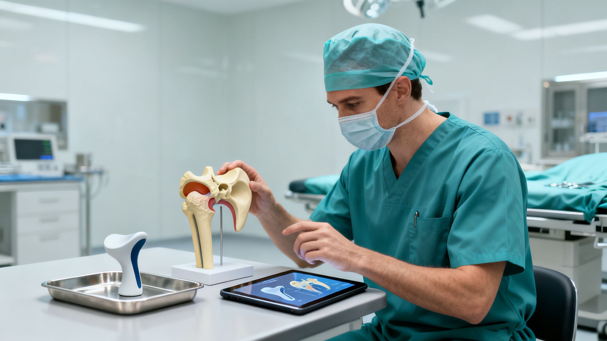 Cirujano examina un modelo de articulación de cadera y una tablet con imágenes médicas en un entorno clínico.