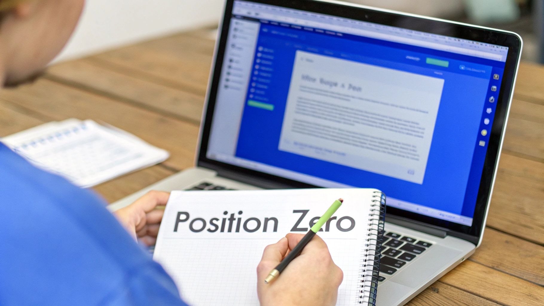 A person writes 'Position Zero' in a spiral notebook with a green pen, next to a laptop displaying a webpage.