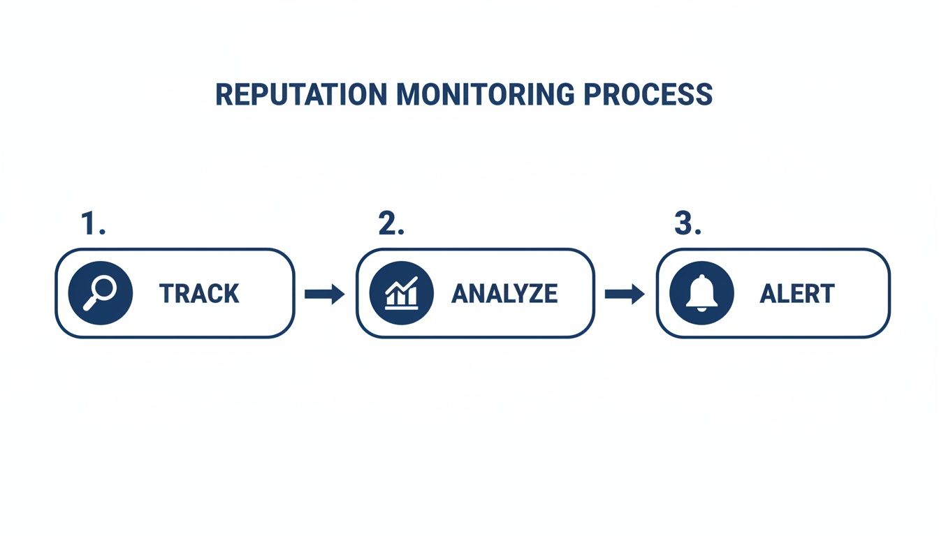 A reputation monitoring process diagram with three steps: 1. Track, 2. Analyze, 3. Alert.
