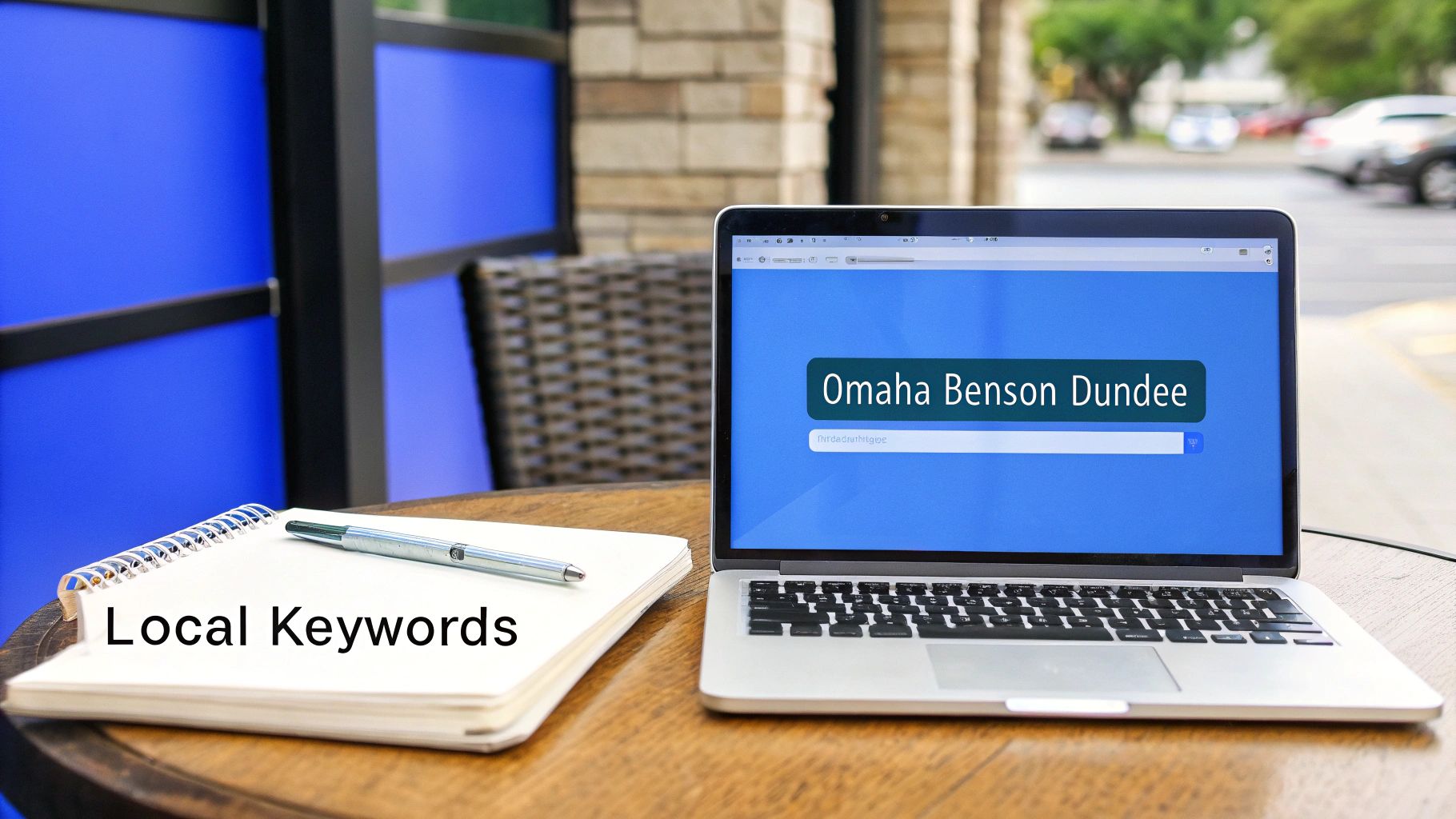A laptop on a table shows "Omaha Benson Dundee" in a search bar, next to "Local Keywords" notebook.