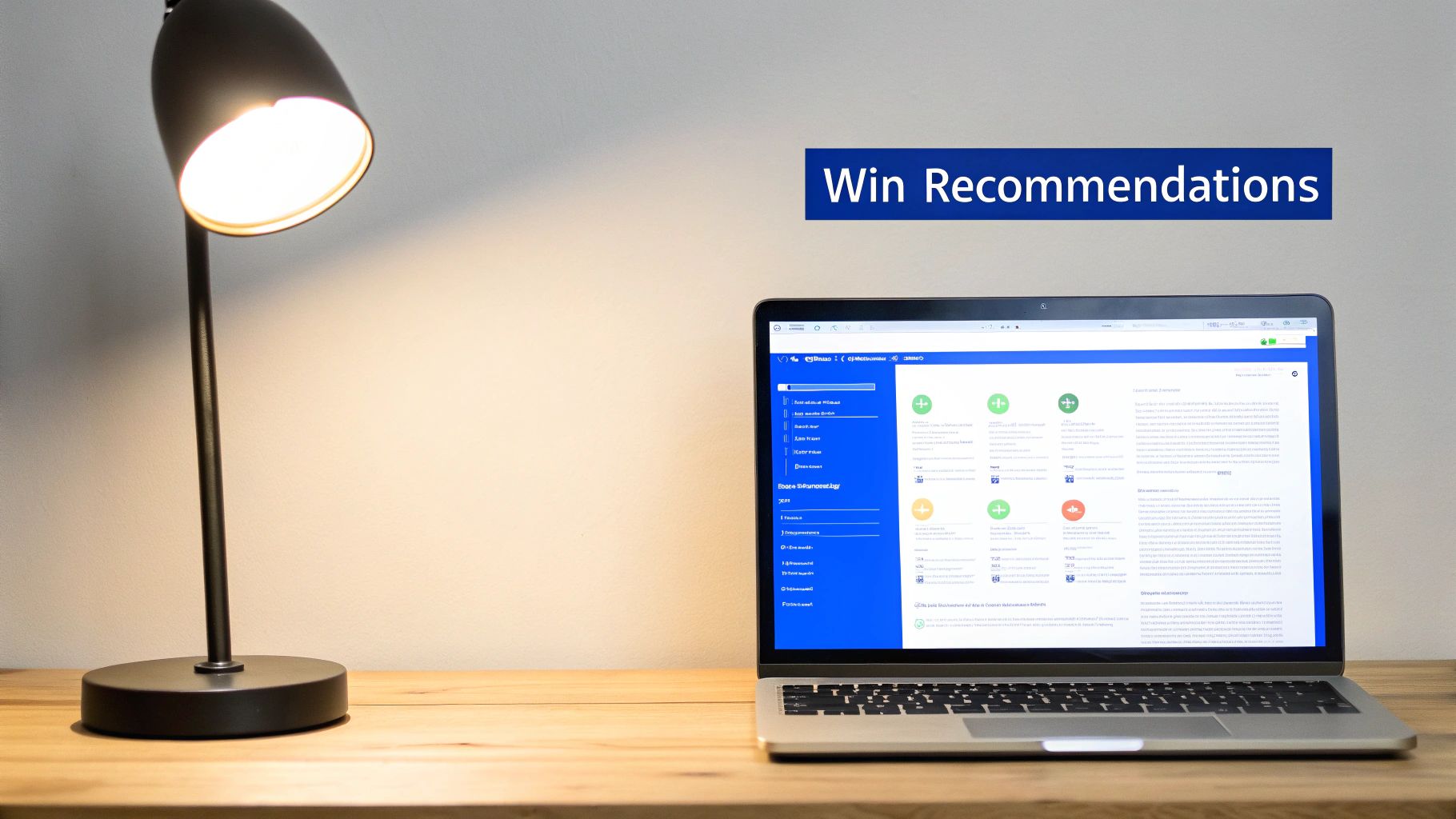 A bright workspace featuring a laptop displaying a webpage, a glowing desk lamp, and a blue 'Win Recommendations' banner.