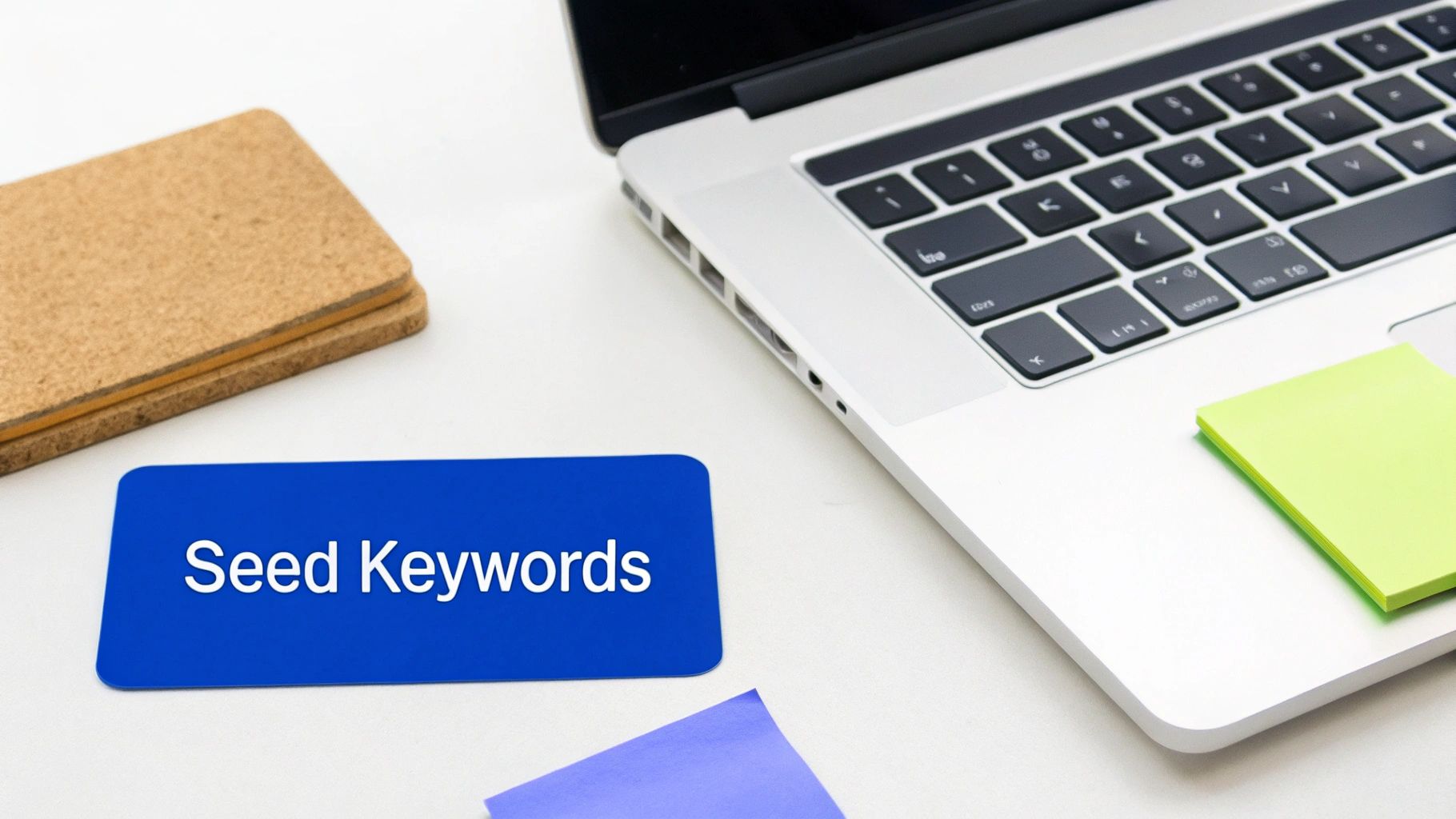 A blue card with 'Seed Keywords' text, next to a laptop, cork coasters, and sticky notes on a white desk, representing SEO keyword research.