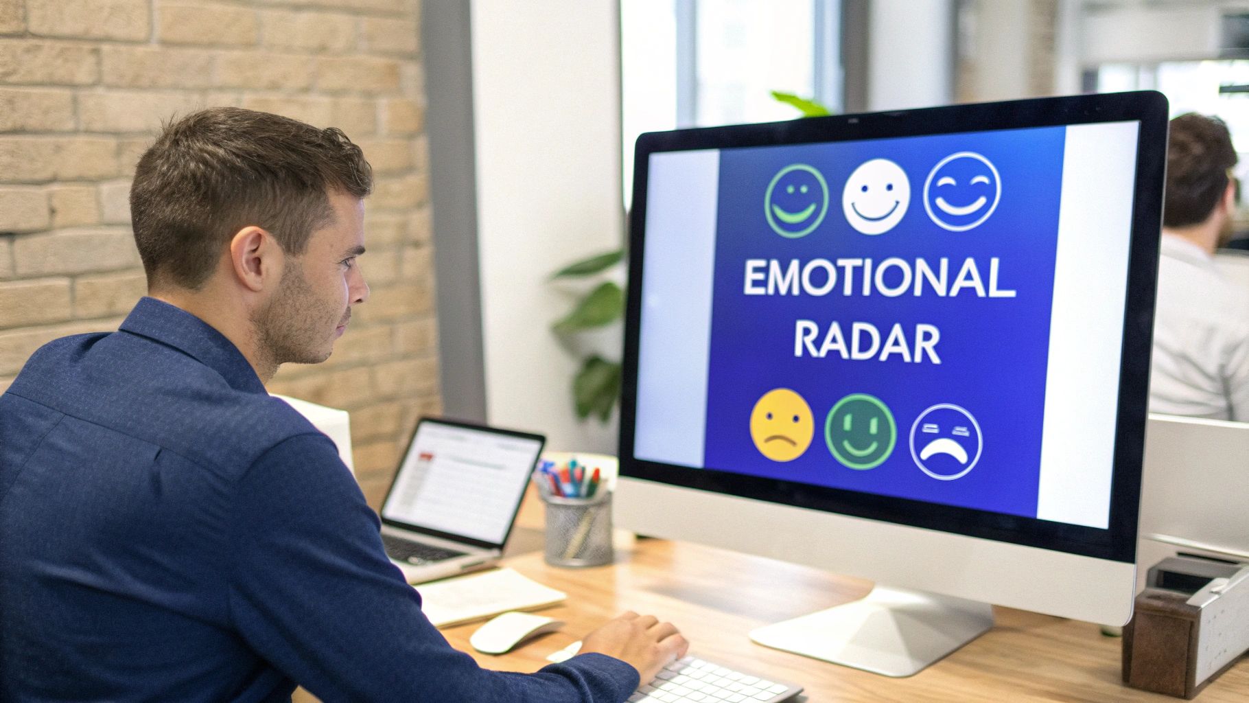 Man working at a desk, viewing 'Emotional Radar' software with various emoji expressions.