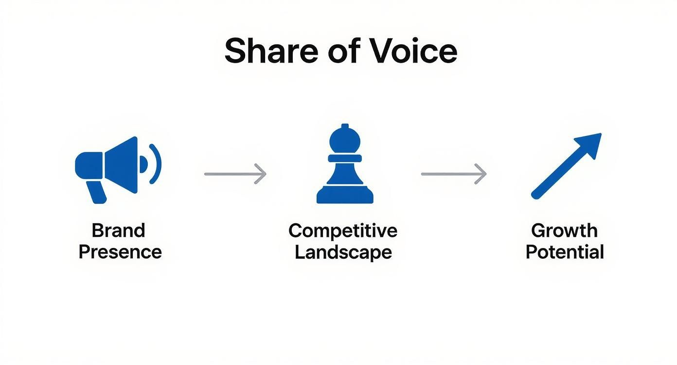 A flow diagram illustrating Share of Voice, connecting brand presence, competitive landscape, and growth potential.