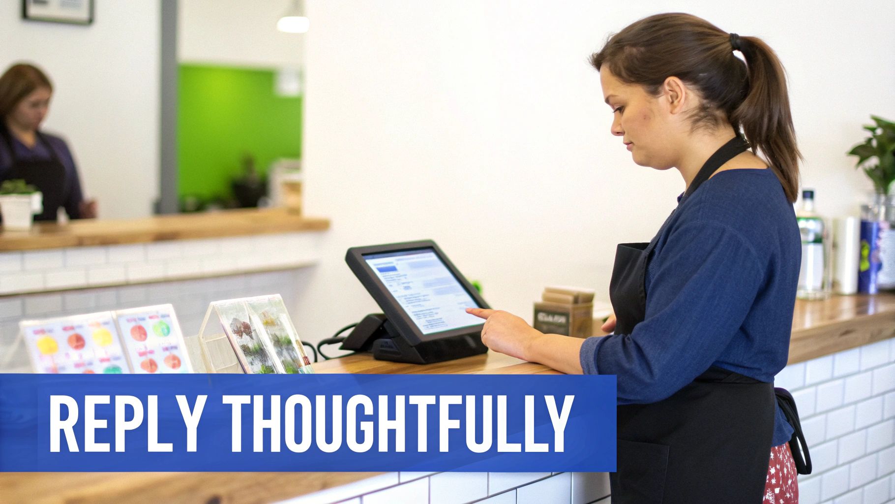 A woman in an apron uses a touchscreen POS system at a counter in a local business.