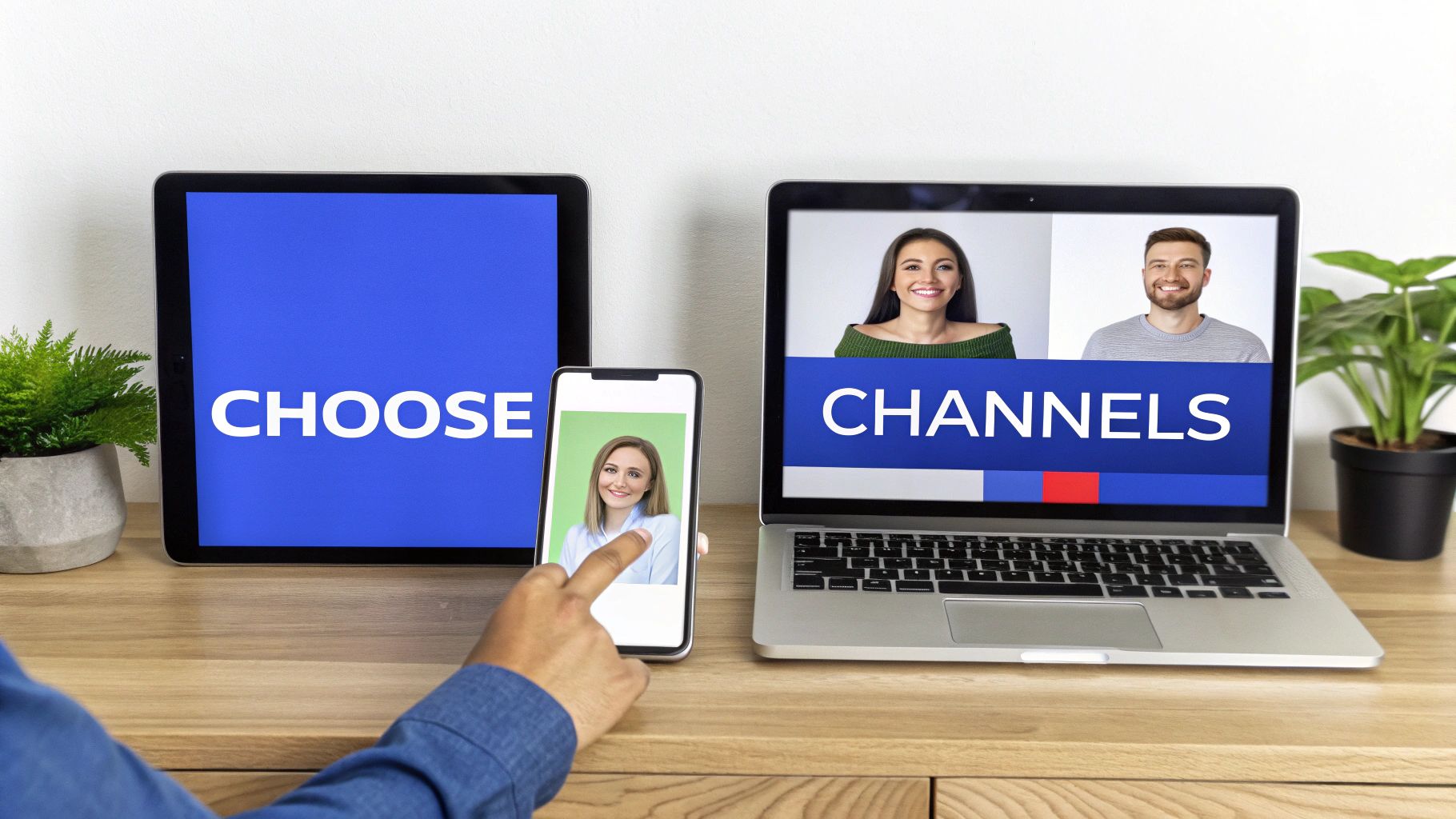 A hand touches a smartphone, next to a tablet showing 'CHOOSE' and a laptop displaying 'CHANNELS' with people, representing digital choices.