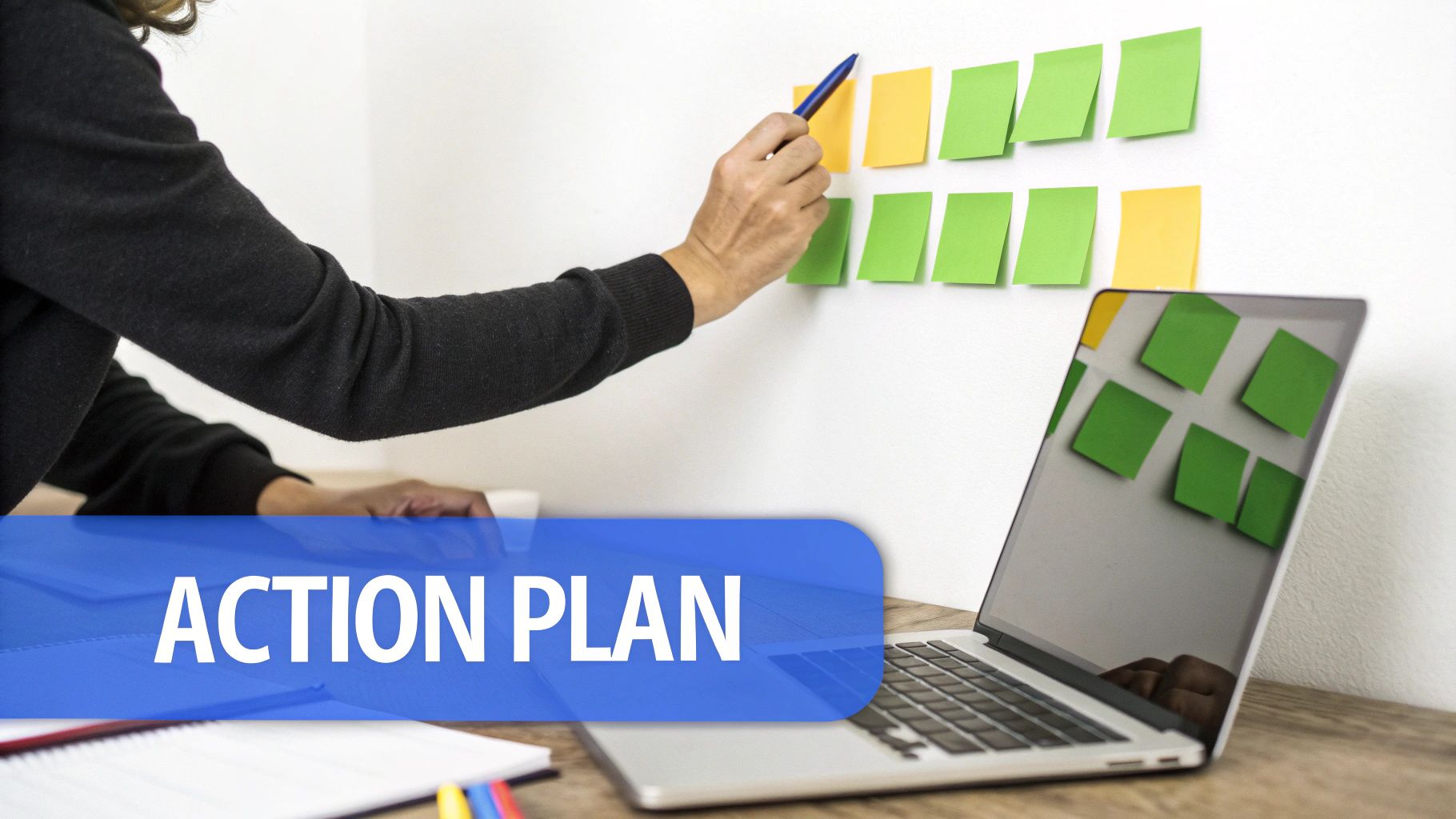 A person points at colorful sticky notes on a white wall, with a laptop and 'ACTION PLAN' text visible.