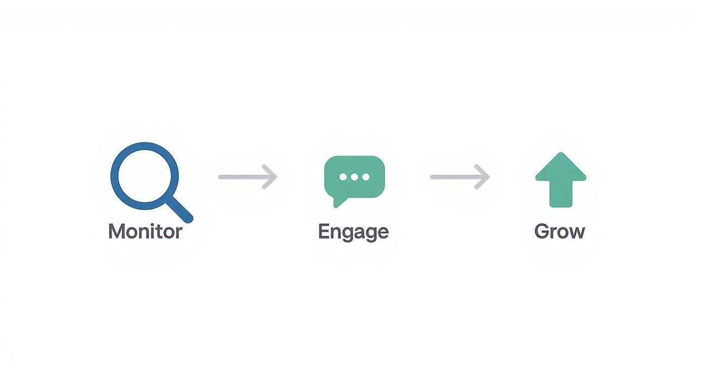 A three-step business process with icons: Monitor (magnifying glass), Engage (speech bubble), Grow (upward arrow).