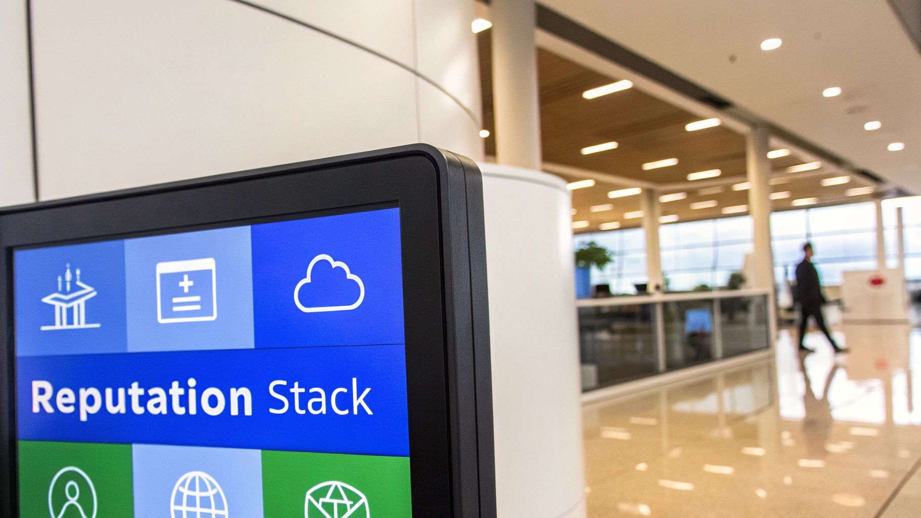Close-up of a digital display screen showing 'Reputation Stack' with icons in a modern building.