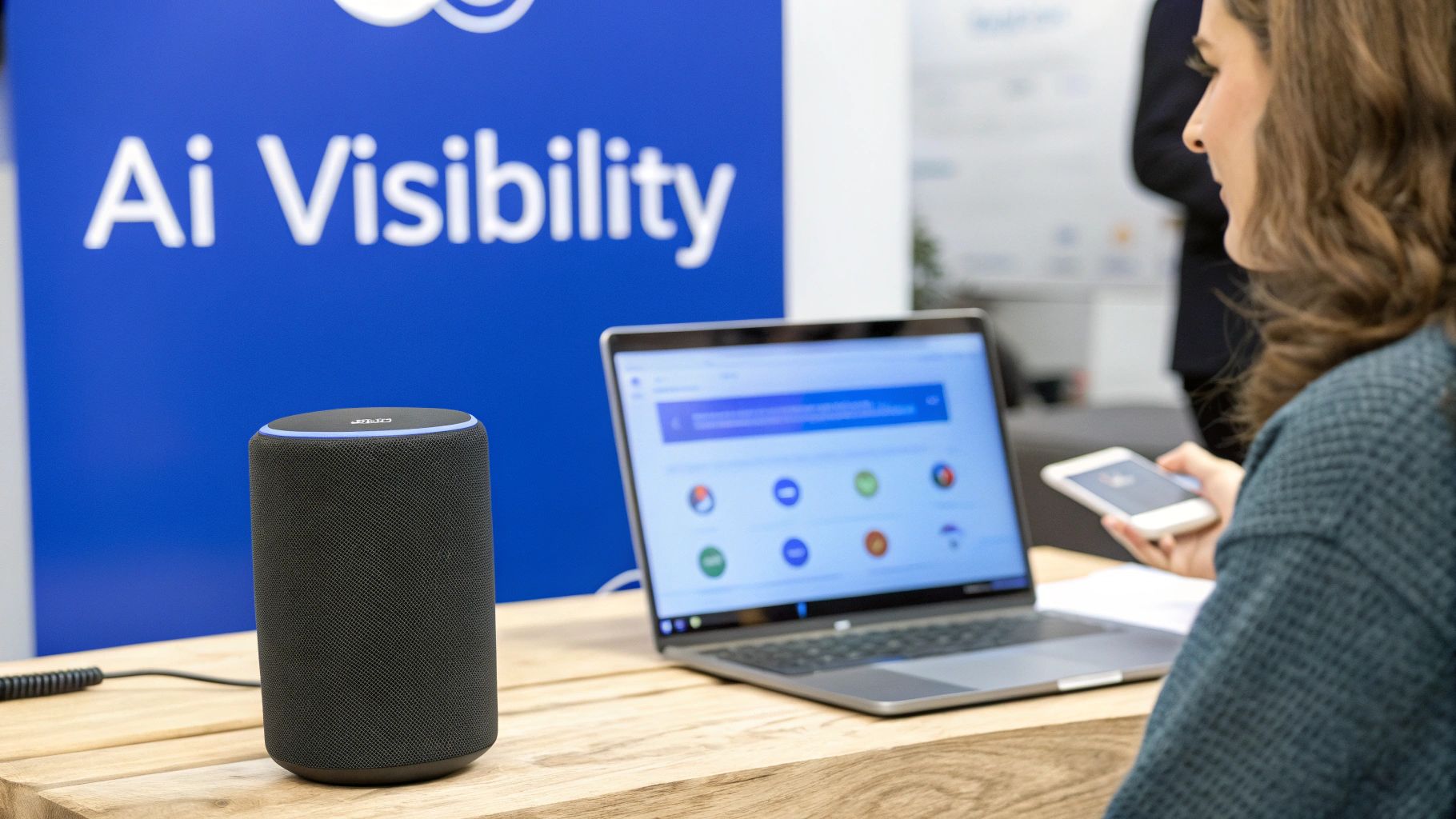 A smart speaker and laptop on a wooden desk, with a person holding a smartphone.
