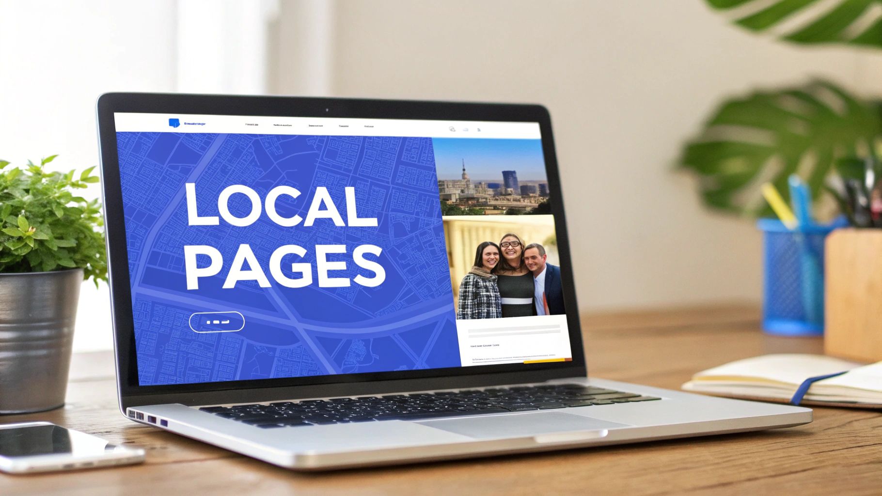 Laptop on a wooden desk showing a 'Local Pages' website with a map, cityscape, and three smiling people.