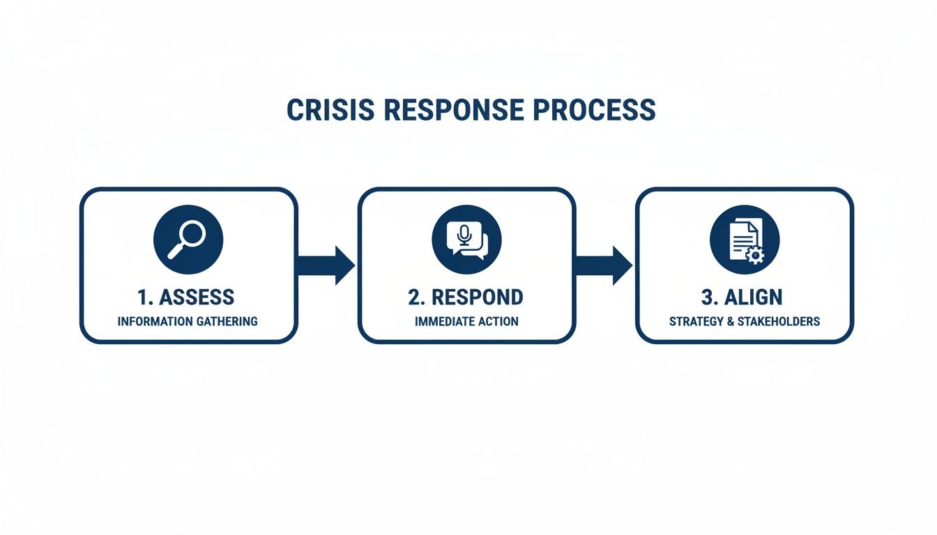 A three-step diagram illustrating the crisis response process: Assess, Respond, and Align.