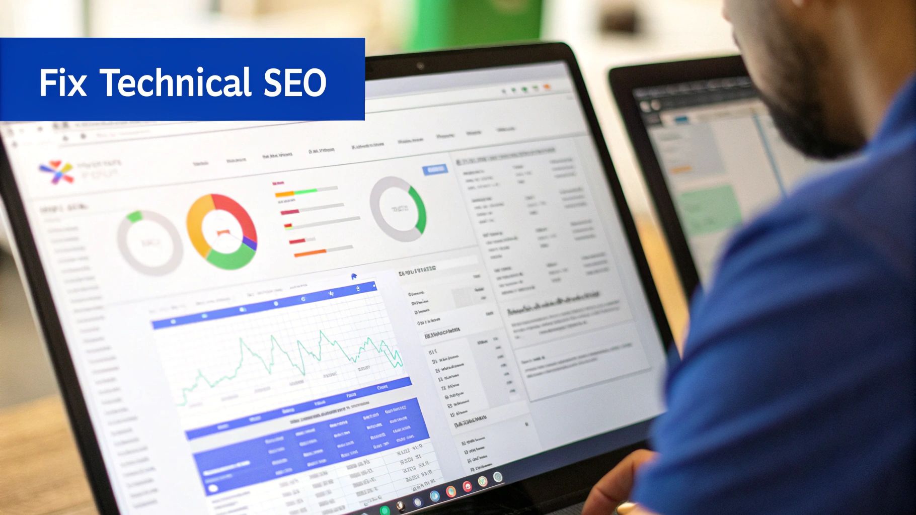 A person analyzing SEO performance data on a laptop screen with charts and a 'Fix Technical SEO' banner.