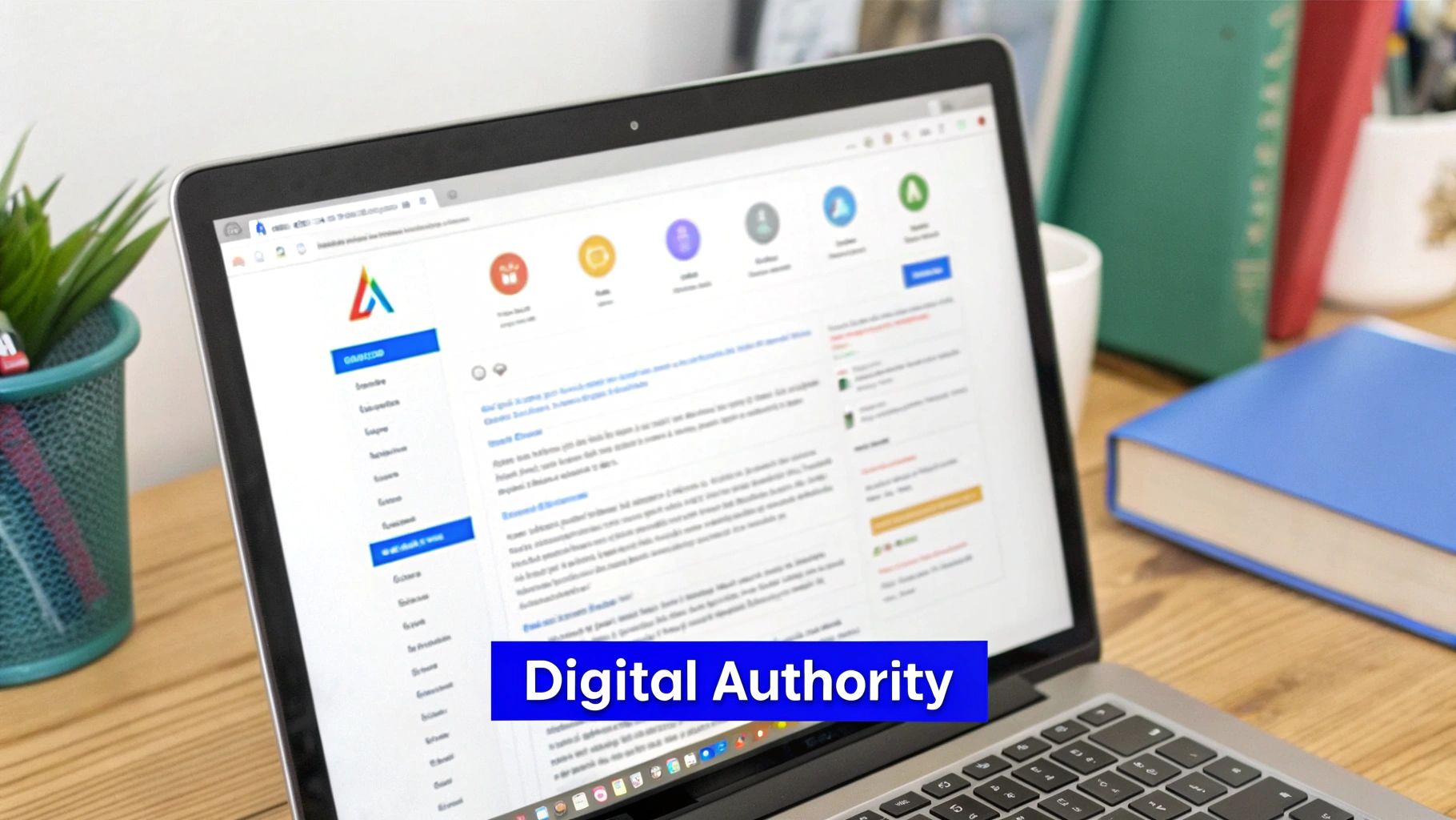 Laptop displaying a website with icons on a wooden desk, surrounded by books and a plant.