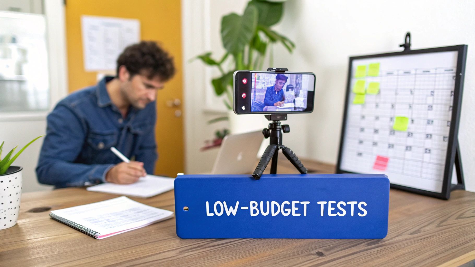 A man records himself writing at a desk with a smartphone, next to a 'Low-Budget Tests' sign.