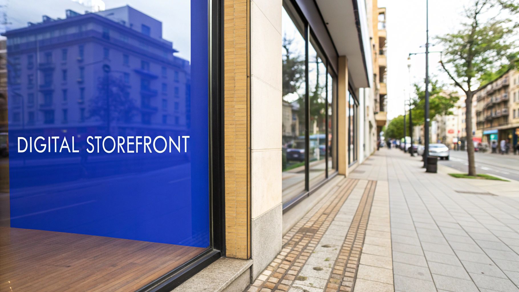 A city street scene featuring a digital storefront display with a blue screen and white text 'DIGITAL STOREFRONT' and reflections of surrounding buildings.