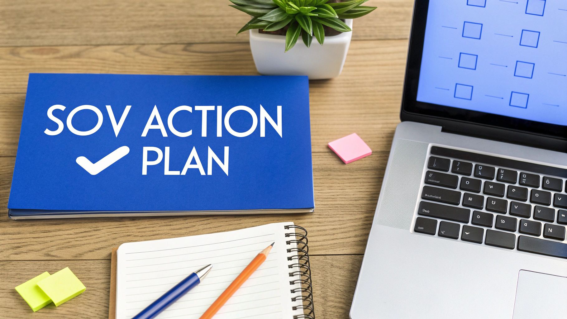Workspace with a blue 'SOV ACTION PLAN' folder, laptop displaying a flowchart, a plant, and office supplies.