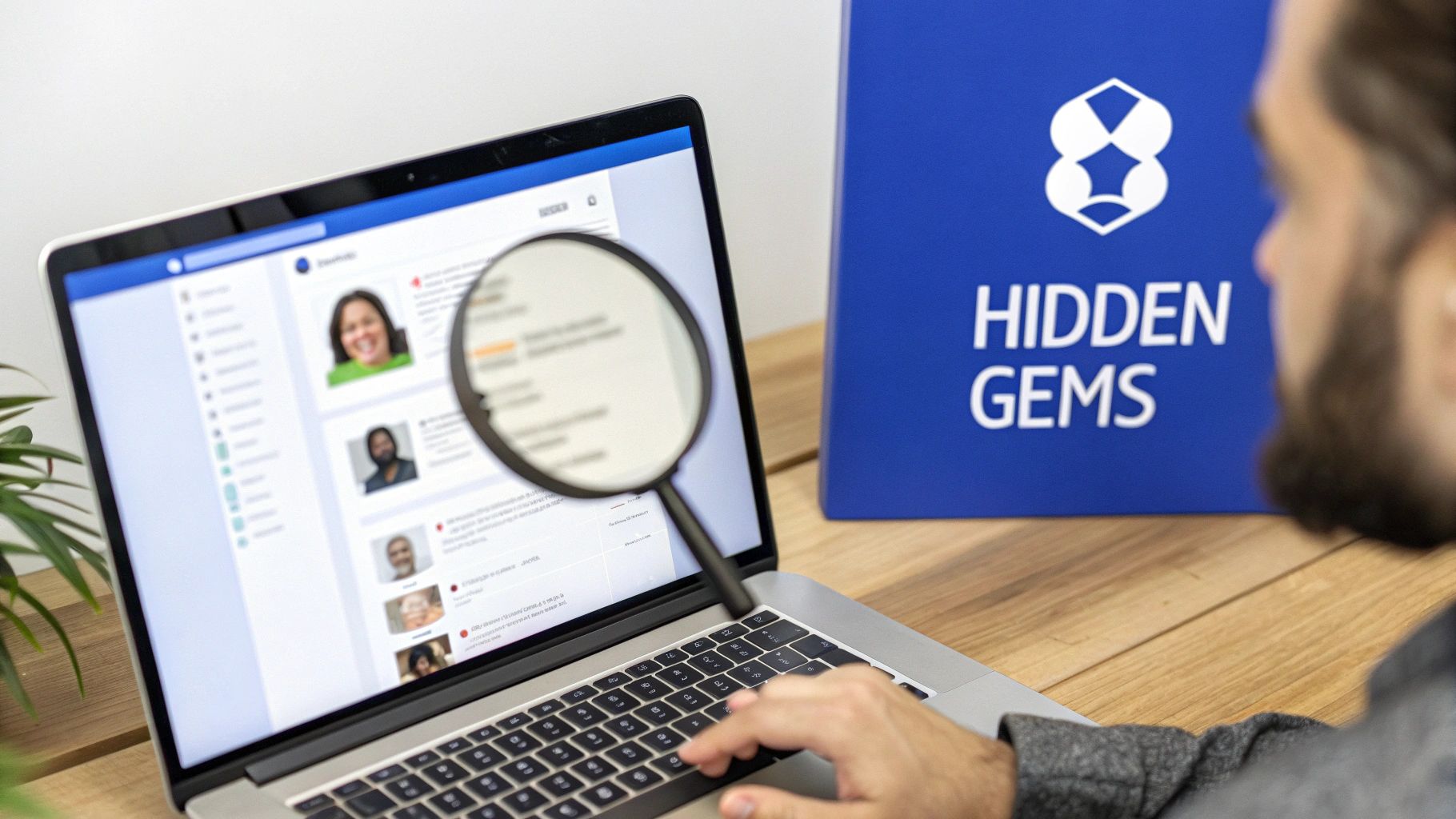 A person uses a magnifying glass to search for hidden gems among profiles displayed on a laptop.