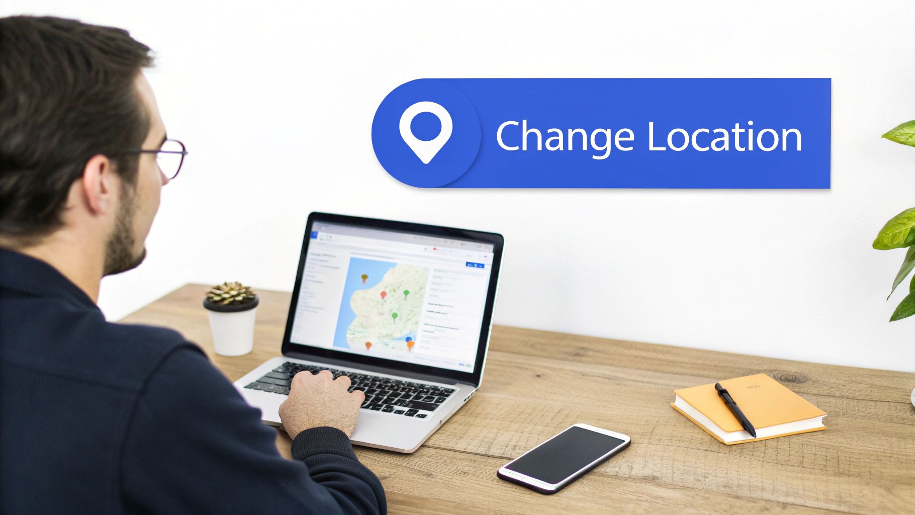 A man works on a laptop displaying a map, with a floating 'Change Location' button on the wall.