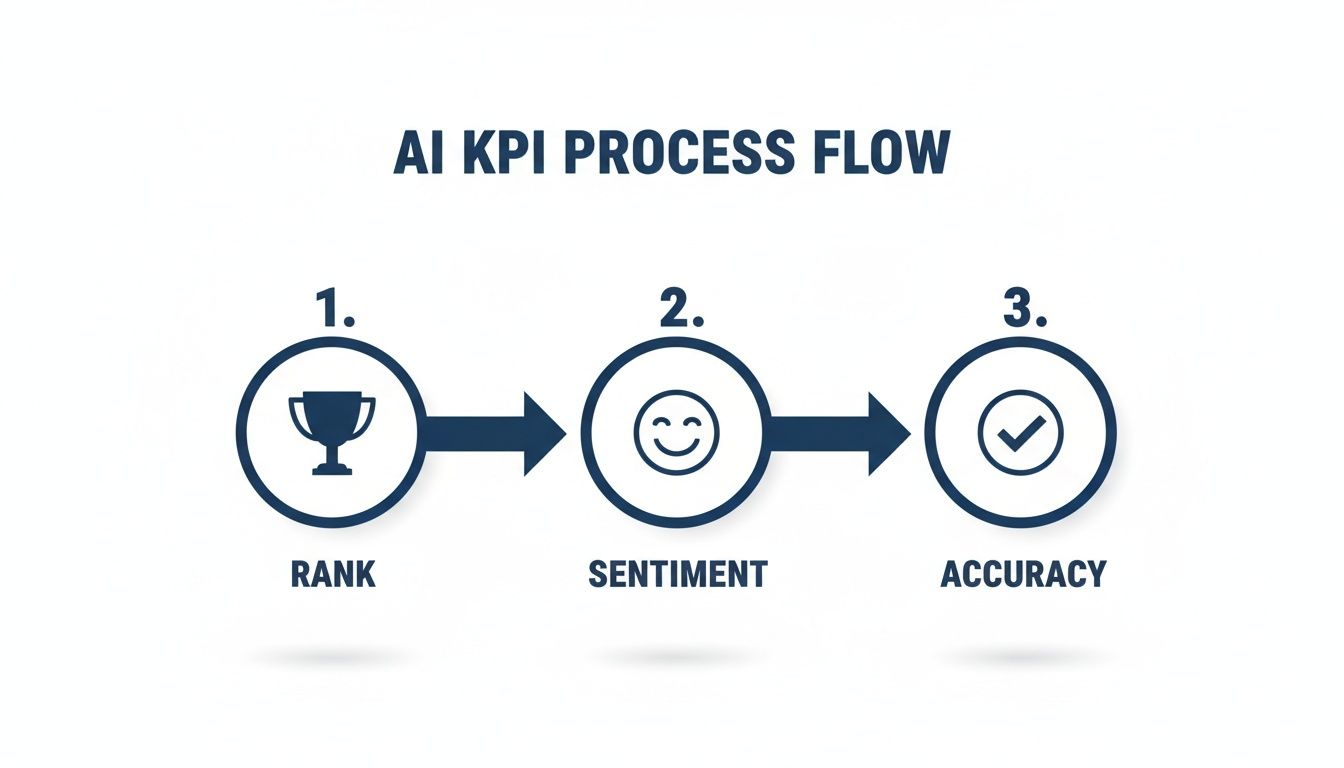 A diagram showing the AI KPI process flow with three sequential steps: Rank, Sentiment, and Accuracy.