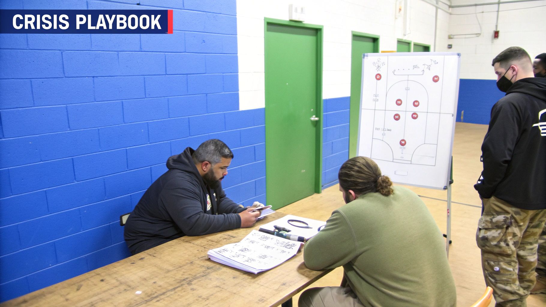 Coaches review game plans with a crisis playbook and tactical whiteboard in a sports facility.